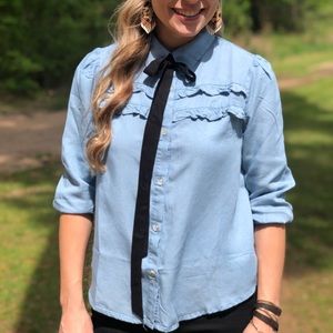 Button Up Top 3/4 Sleeve Ribbon Tie With Ruffles